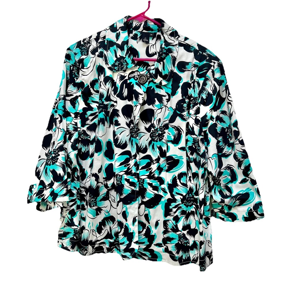 Eshe Plus Size 1X Womens Floral Print Blazer Jacket 3/4 Sleeve Designer Retro